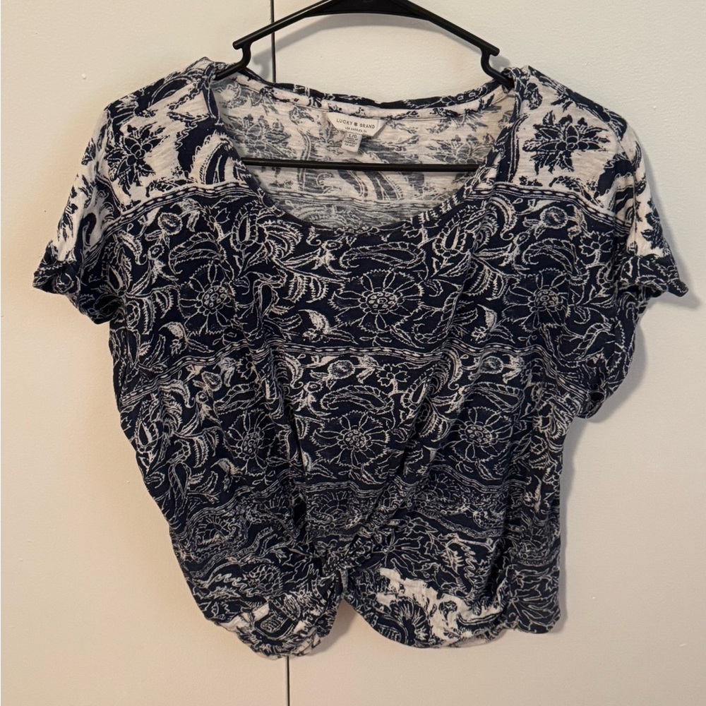 Lucky Brand Navy and White Patterned Short Sleeve Top